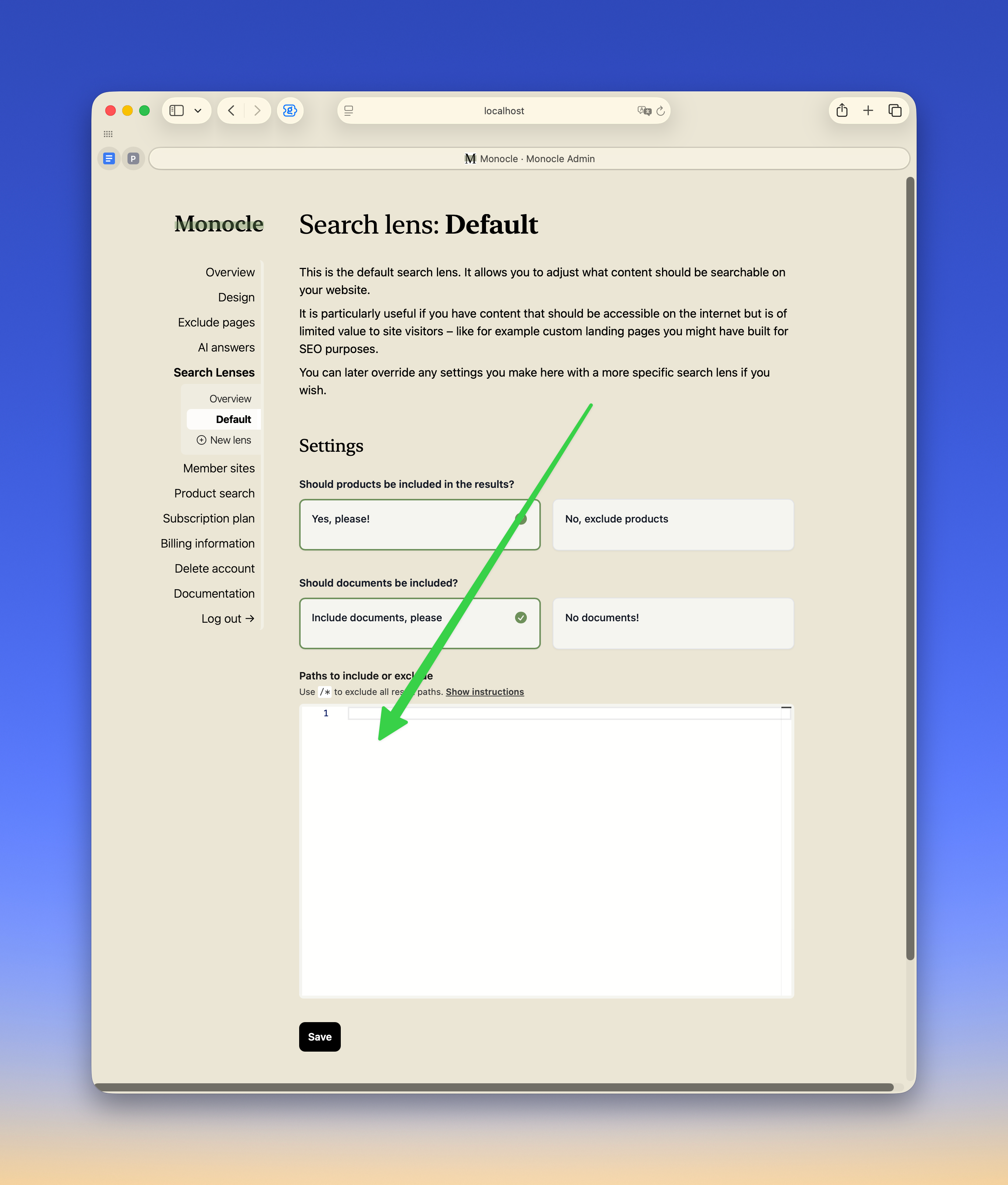 The lens editor showing rules for including and excluding content