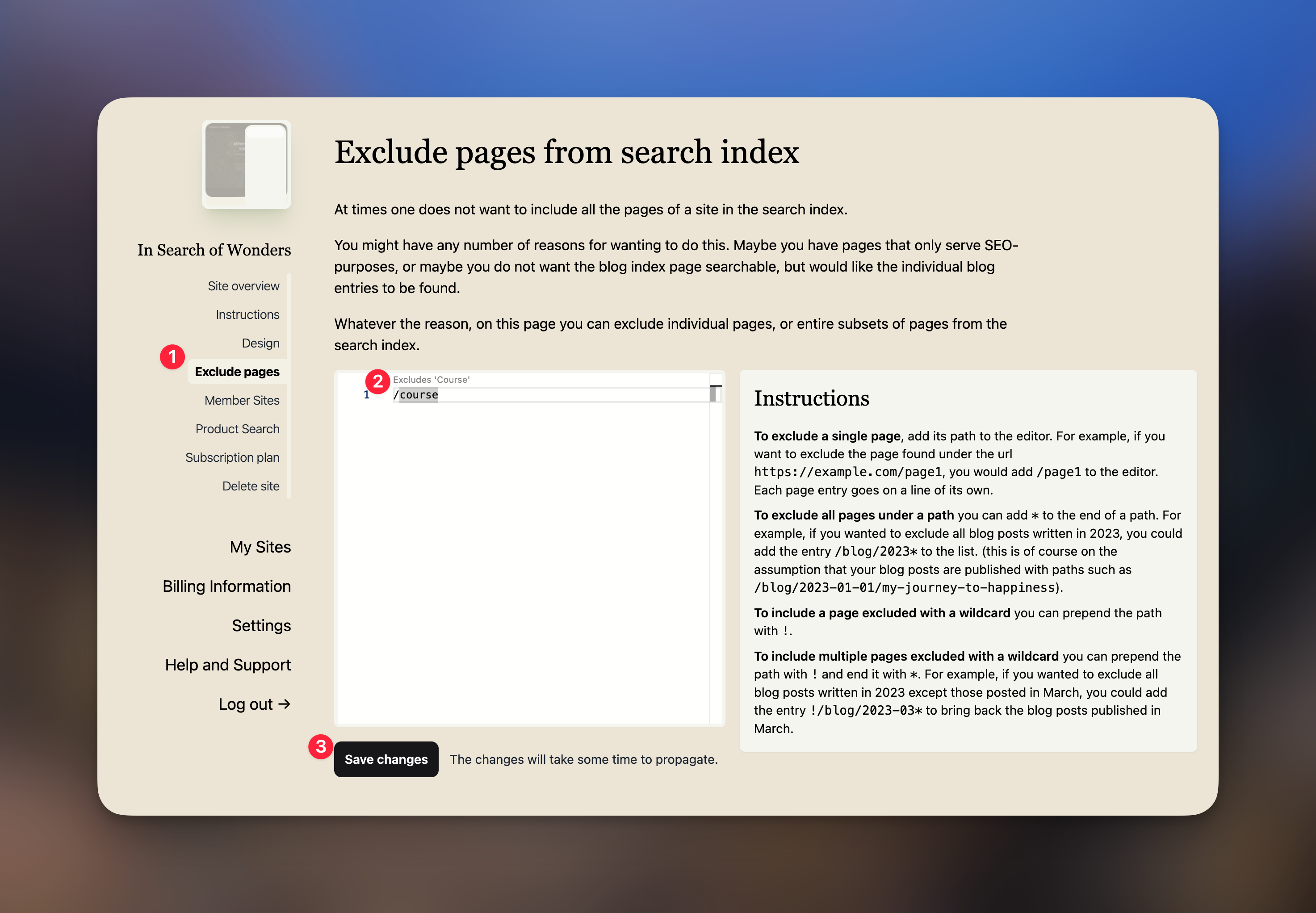 Screenshot of the Monocle Search "Exclude pages" settings section