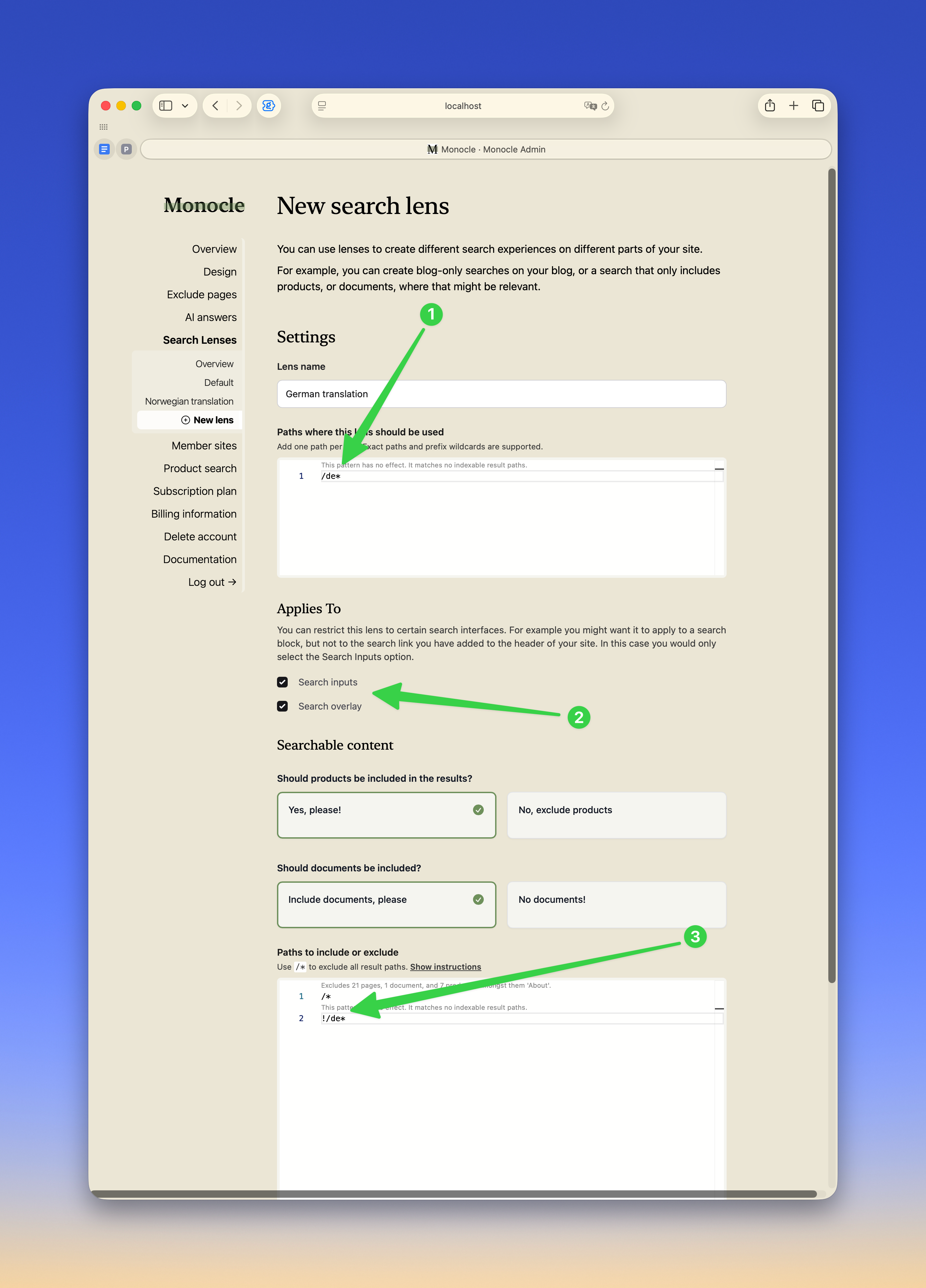 Screenshot showing a search lens configured for the German section of a site
