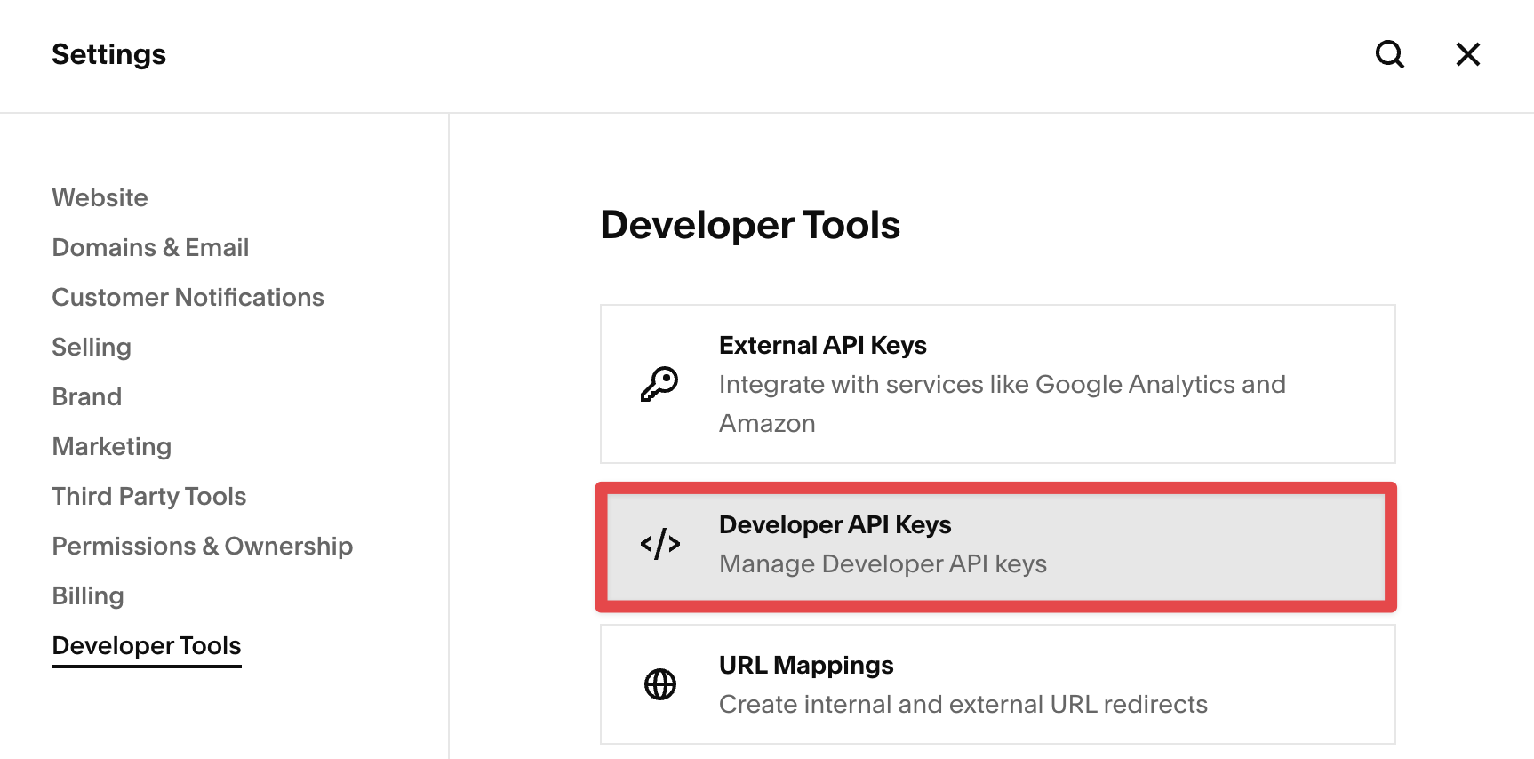 Screenshot of the Squarespace settings section to add an API key